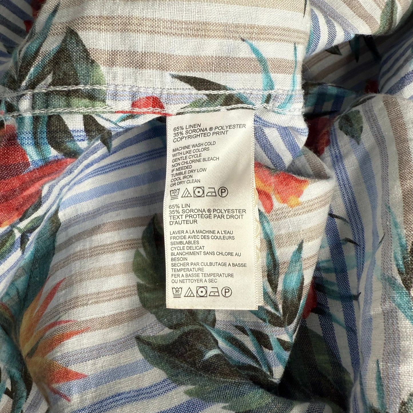 Tommy Bahama Linen Blend Striped Hibiscus Hawaiian Button Up Size L