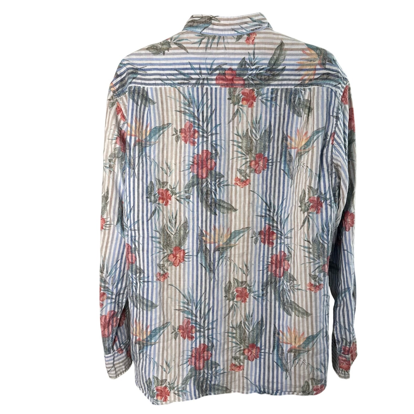 Tommy Bahama Linen Blend Striped Hibiscus Hawaiian Button Up Size L