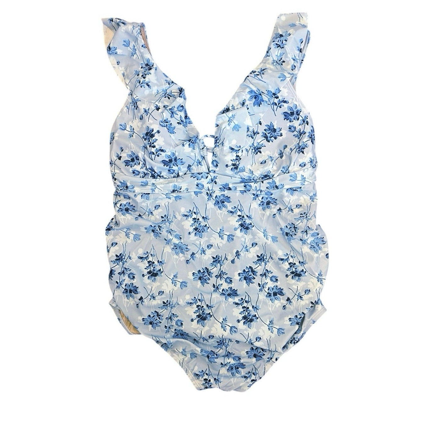 A Pea In The Pod Maternity Blue Floral Ruffle One Piece Swimsuit Size M