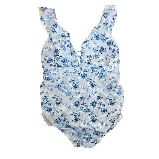 A Pea In The Pod Maternity Blue Floral Ruffle One Piece Swimsuit Size M