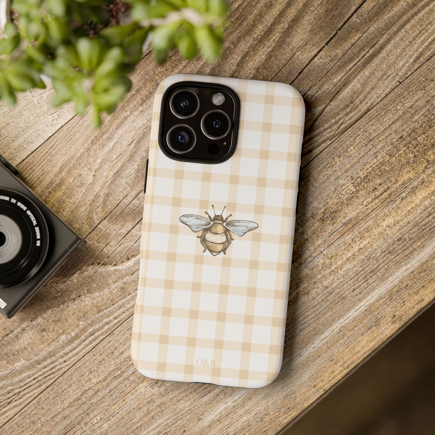 Bee-Inspired Gingham Tough Case - Stylish, Protective Phone Cover, Buzzing Bee Pattern, Unique Phone Accessory, Gift for Nature Lover