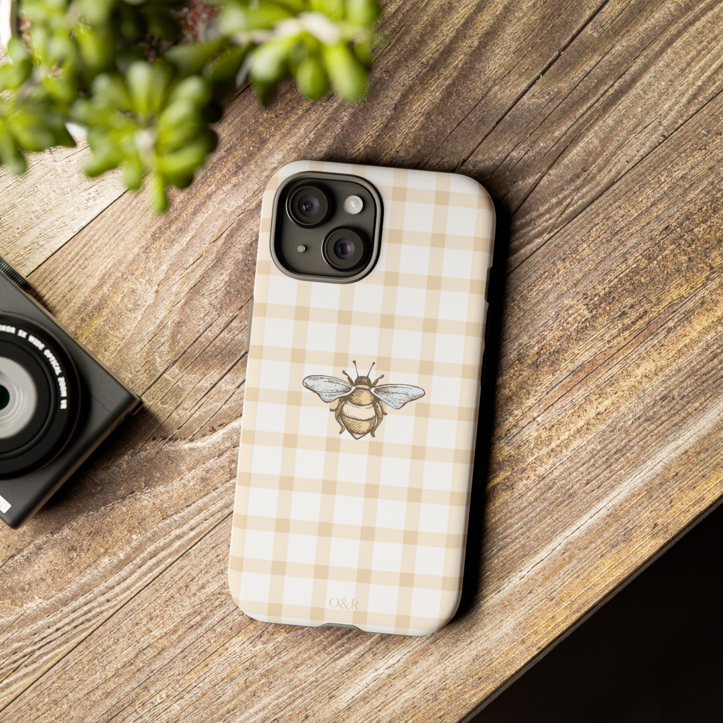 Bee-Inspired Gingham Tough Case - Stylish, Protective Phone Cover, Buzzing Bee Pattern, Unique Phone Accessory, Gift for Nature Lover