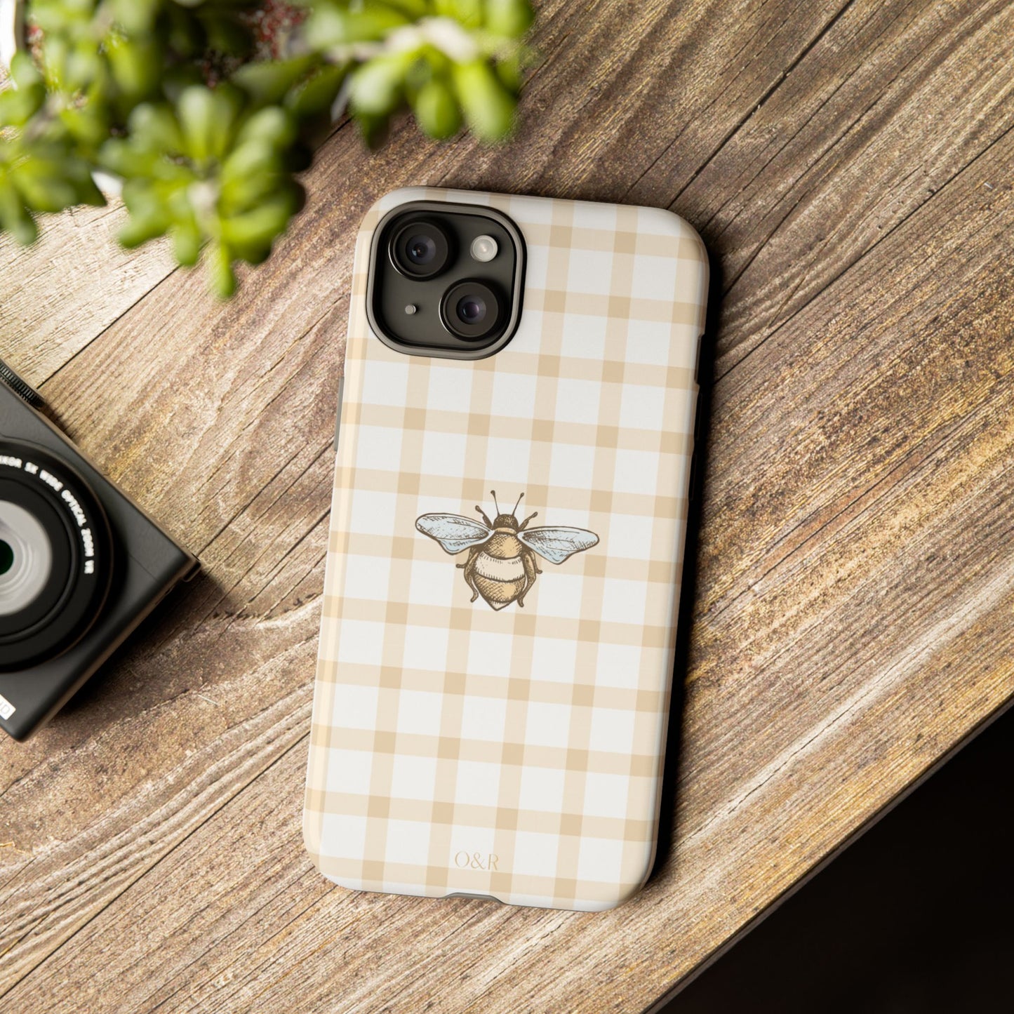 Bee-Inspired Gingham Tough Case - Stylish, Protective Phone Cover, Buzzing Bee Pattern, Unique Phone Accessory, Gift for Nature Lover