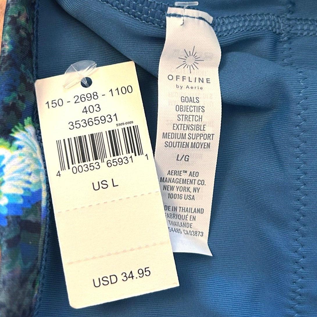 OFFLINE by Aerie Goals Stretch Floral Square Neck Sports Bra Blue Size L