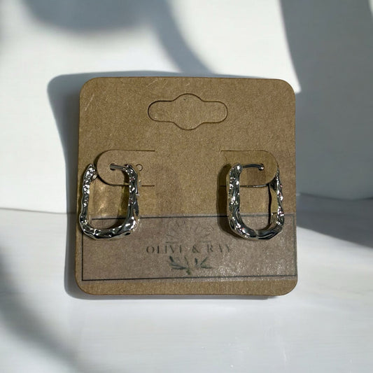 Hammered Silver Stainless Steel U-Shaped Huggie Earrings