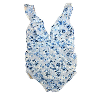 A Pea In The Pod Maternity Blue Floral Ruffle One Piece Swimsuit Size XS