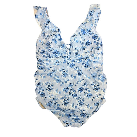 A Pea In The Pod Maternity Blue Floral Ruffle One Piece Swimsuit Size XS