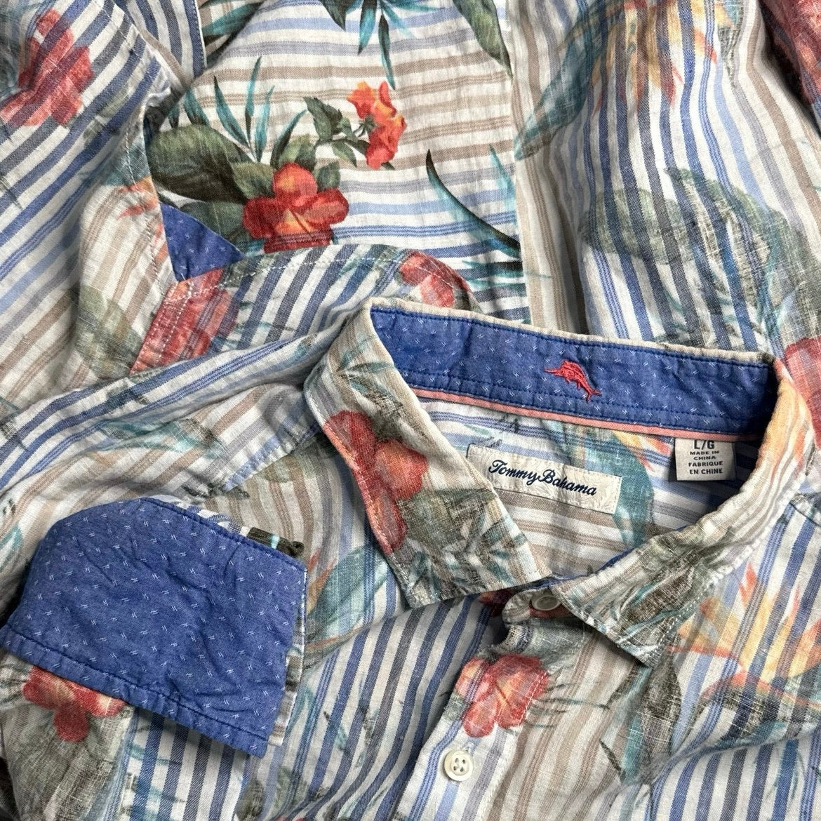 Tommy Bahama Linen Blend Striped Hibiscus Hawaiian Button Up Size L