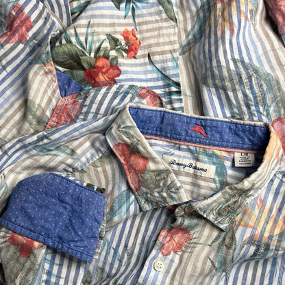Tommy Bahama Linen Blend Striped Hibiscus Hawaiian Button Up Size L
