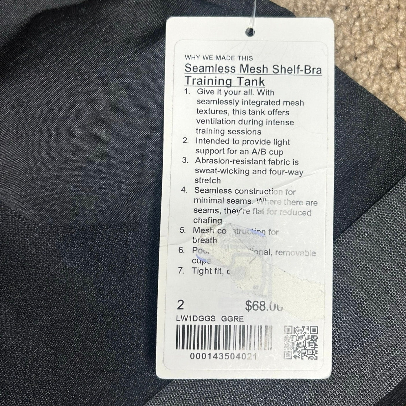 NWT Lululemon Seamless Mesh Shelf-Bra Training Tank Top Graphite Grey Size 2
