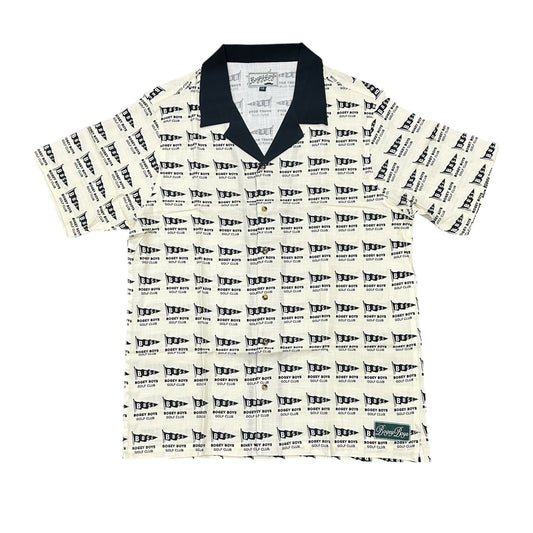 Bogey Boys Flag Button Up Men's Golf Shirt Black and Cream Size L