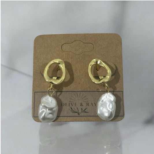 Pearl Drop Hammered 18K Gold Plated Earrings