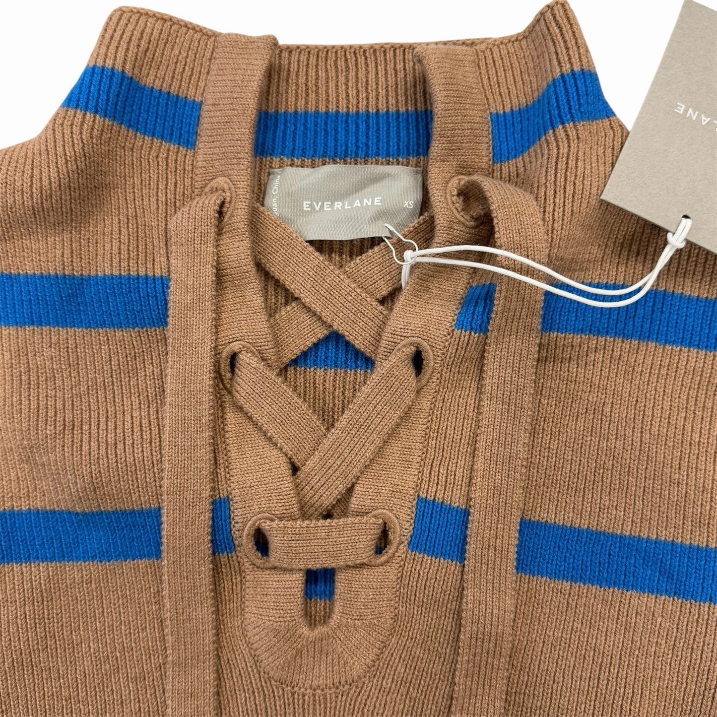 Everlane The Lace-Up Smock Sweater Wool Blend Tan and Blue Stripe Size XS