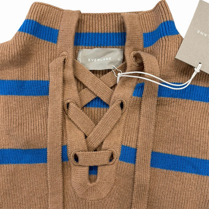 Everlane The Lace-Up Smock Sweater Wool Blend Tan and Blue Stripe Size XS