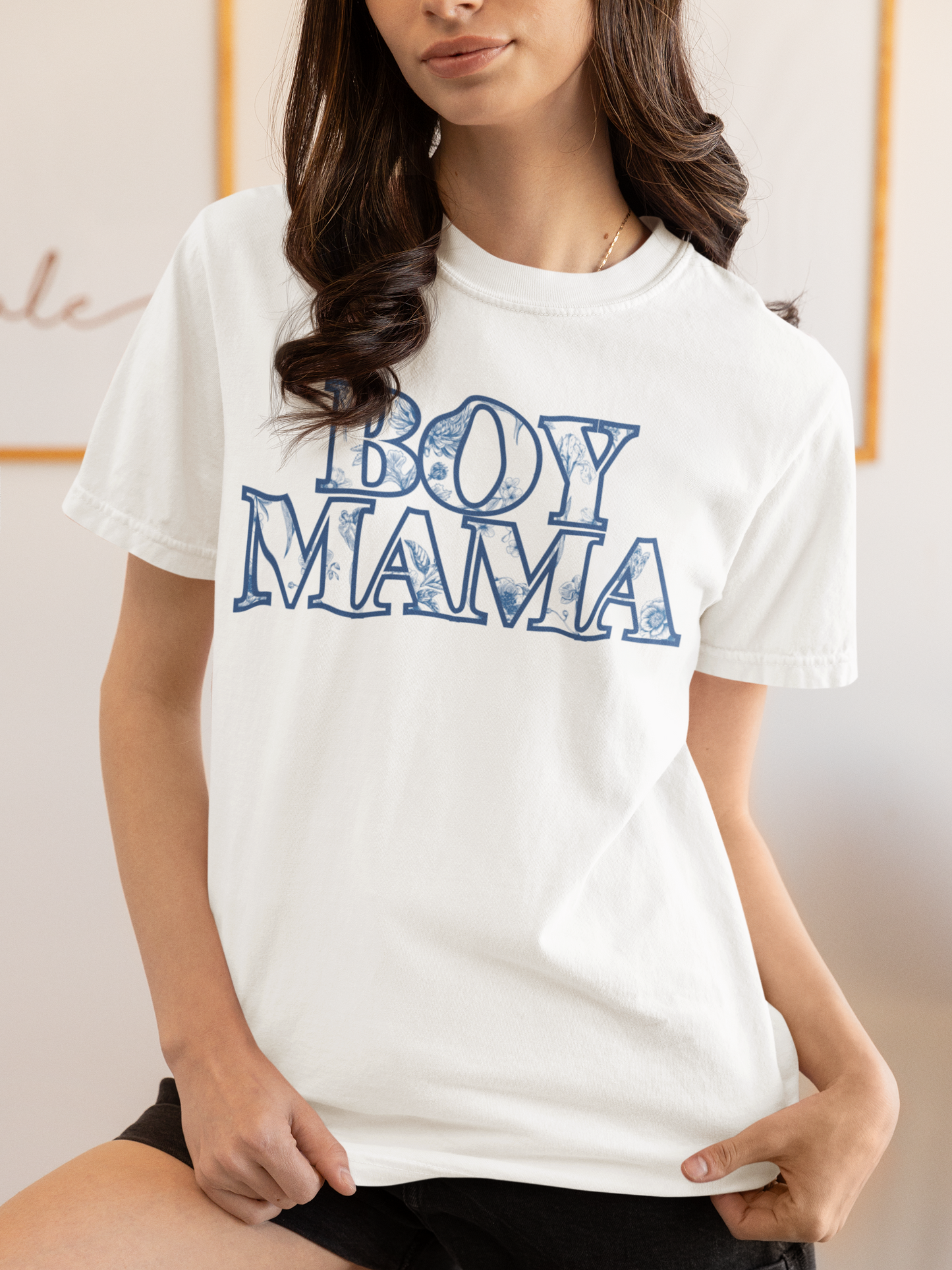 Botanical Blue Floral Boy Mama T-Shirt, Garment-Dyed Tee for Moms, Comfort Colors, Perfect Gift for Mother's Day