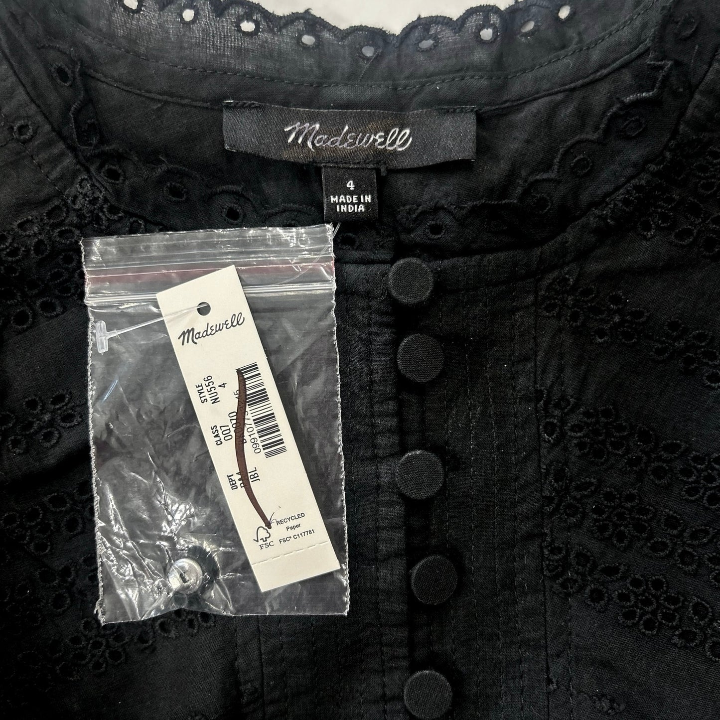 NWT Madewell Eyelet Flutter Sleeve Mini Dress in Cotton Jet Black Size 4