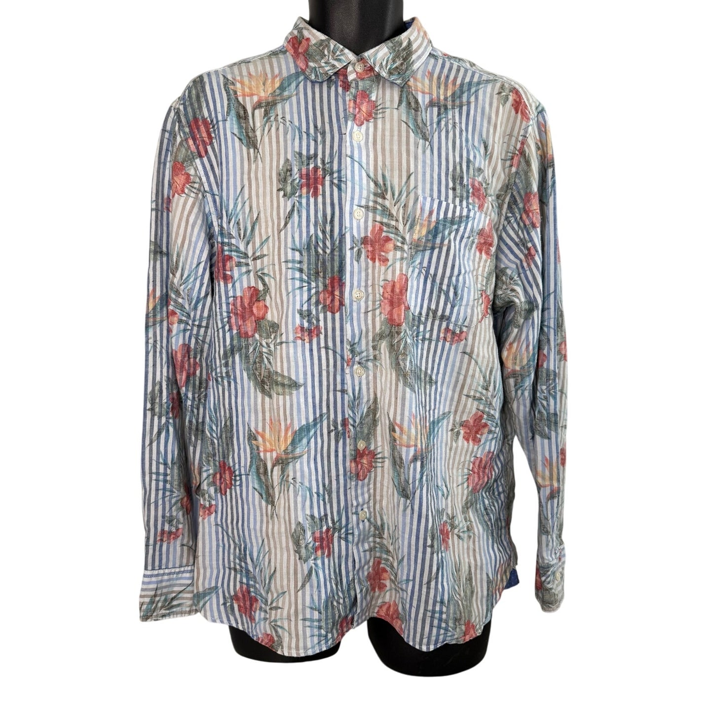Tommy Bahama Linen Blend Striped Hibiscus Hawaiian Button Up Size L