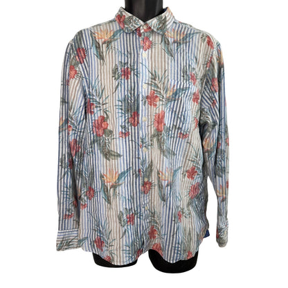 Tommy Bahama Linen Blend Striped Hibiscus Hawaiian Button Up Size L